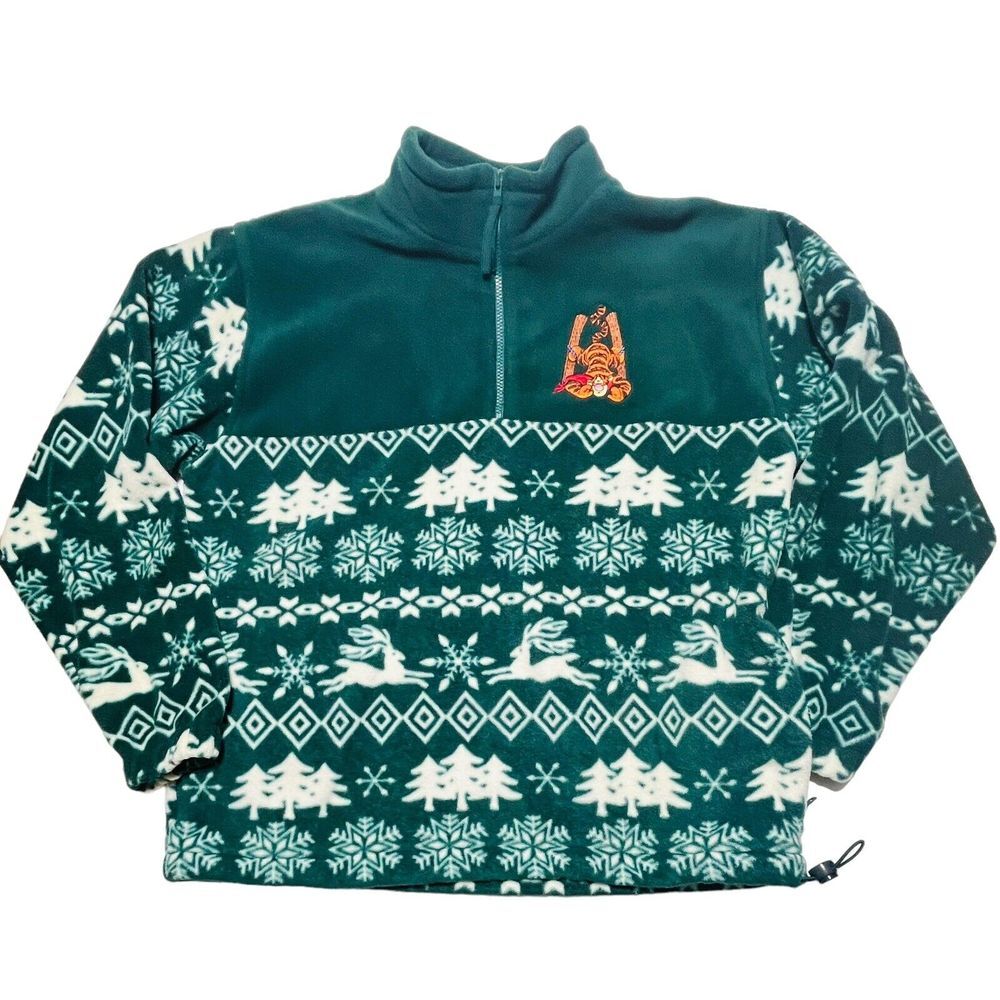 Vintage‎ Disney Store Tigger Green Fleece Pullover 1/4 Zip Medium Winter Scene